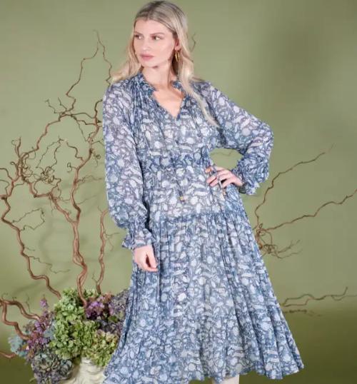 Tilly Luxury Dress in Sky Leaves