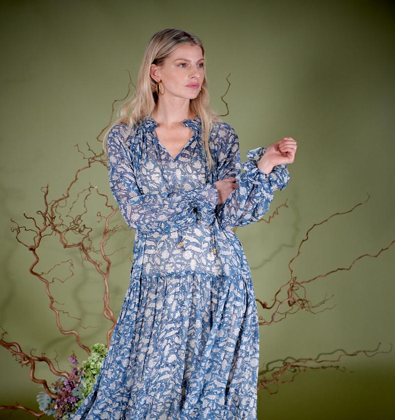Tilly Designer Dress in Sky Leaves